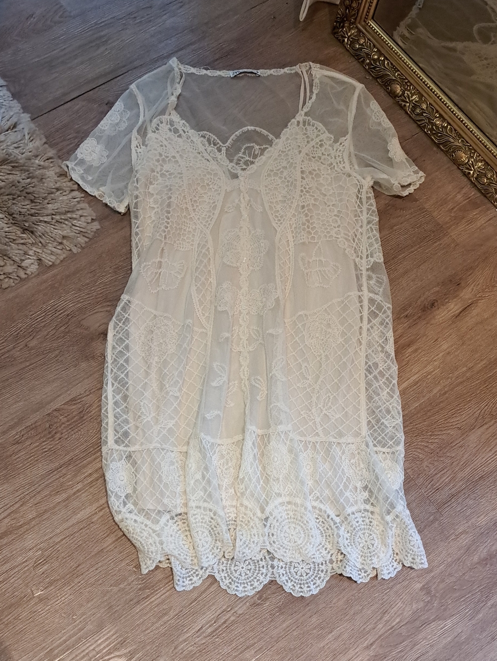 Zara Sheer Lace Tunic Or Short Dress - Cream